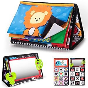 teytoy Tummy Time Floor Mirror with Crinkle Cloth Book and Teethers, High Contrast Black and White Baby Toys…