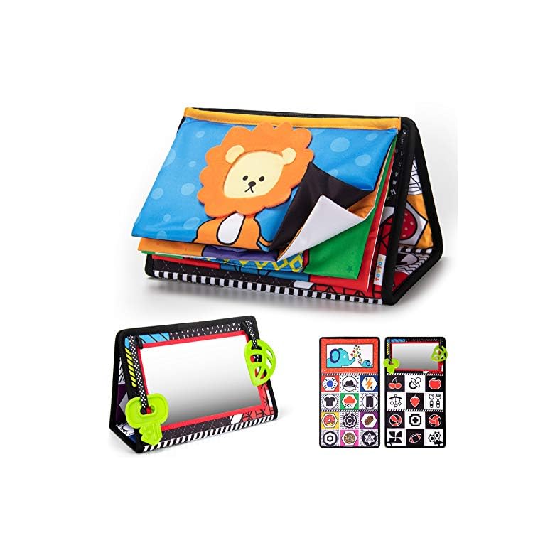 teytoy Tummy Time Floor Mirror with Crinkle Cloth Book and Teethers, High Contrast Black and White Baby Toys…