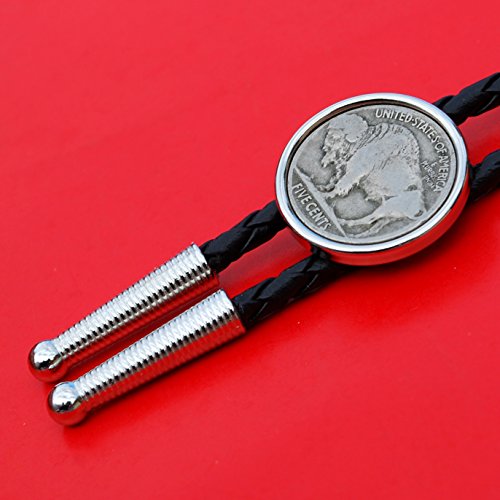 US 1913 ~ 1938 Indian Head Buffalo Nickel 5 Cent Coin Silver Plated Slide 36" Leatherette Cord Bolo Tie NEW - Thumbnail 4