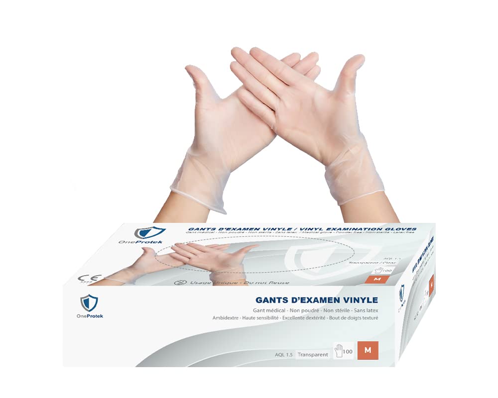 OneProtek Vinyl Gloves Pack of 100 Powder- and Latex- Transparent Multi-Purpose and Resistant Size M