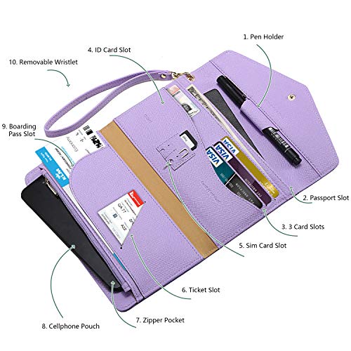 Krosslon Rfid Passport Holder Wristlet Travel Wallet Trifold Documents Organizer Slim Purse, Fit US UK CA Passport Cover Traveling Accessories for Women, Lavender Purple(212#) - Thumbnail 2