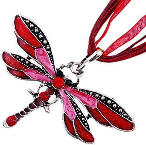 Rhinestone Inlay Gem Tone Dragonfly Pendant Necklace for Women Girls