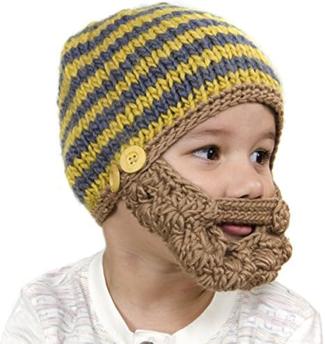 Medium Beard Beanie - Grey and Yellow Beanie with Beard for Toddlers and Kids - 16 inches