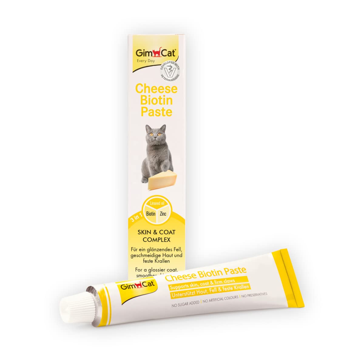 GimCat Cheese Biotin Paste - With tasty cheese, zinc and linseed oil for coat, skin and claws - 1 tube (1 x 200 g)