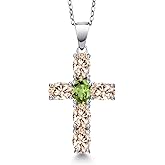 Gem Stone King 925 Sterling Silver Peach Morganite and Green Peridot Cross Pendant Necklace for Women | 3.00 Cttw | Gemstone October Birthstone | Oval 6X4MM | With 18 Inch Chain