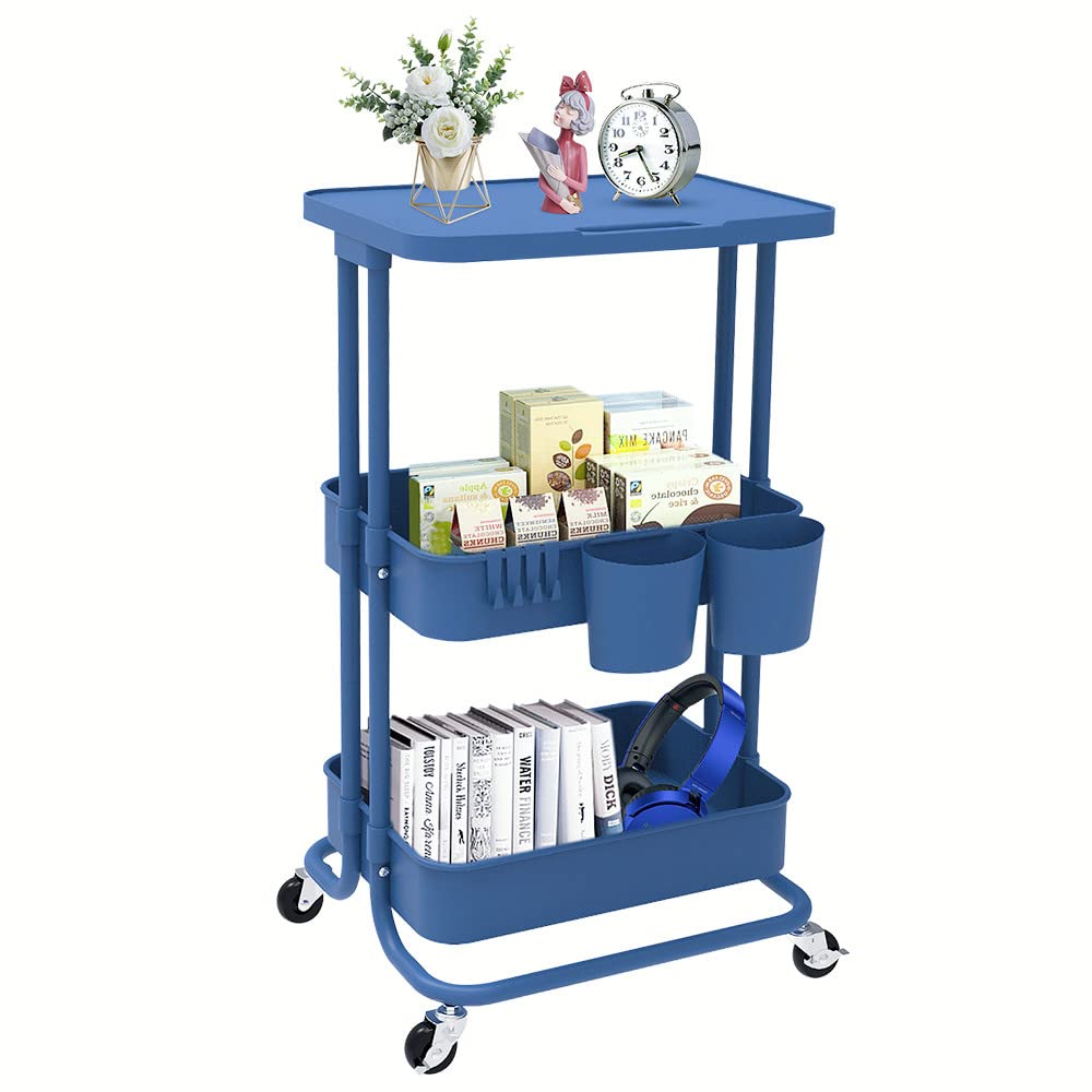 Lekind 3-Tier Rolling Trolley Cart with 4 Universal wheel, ABS Mesh Storage Carts with Ergonomic Handles for Bathroom, Kitchen, Office,Library(Blue)