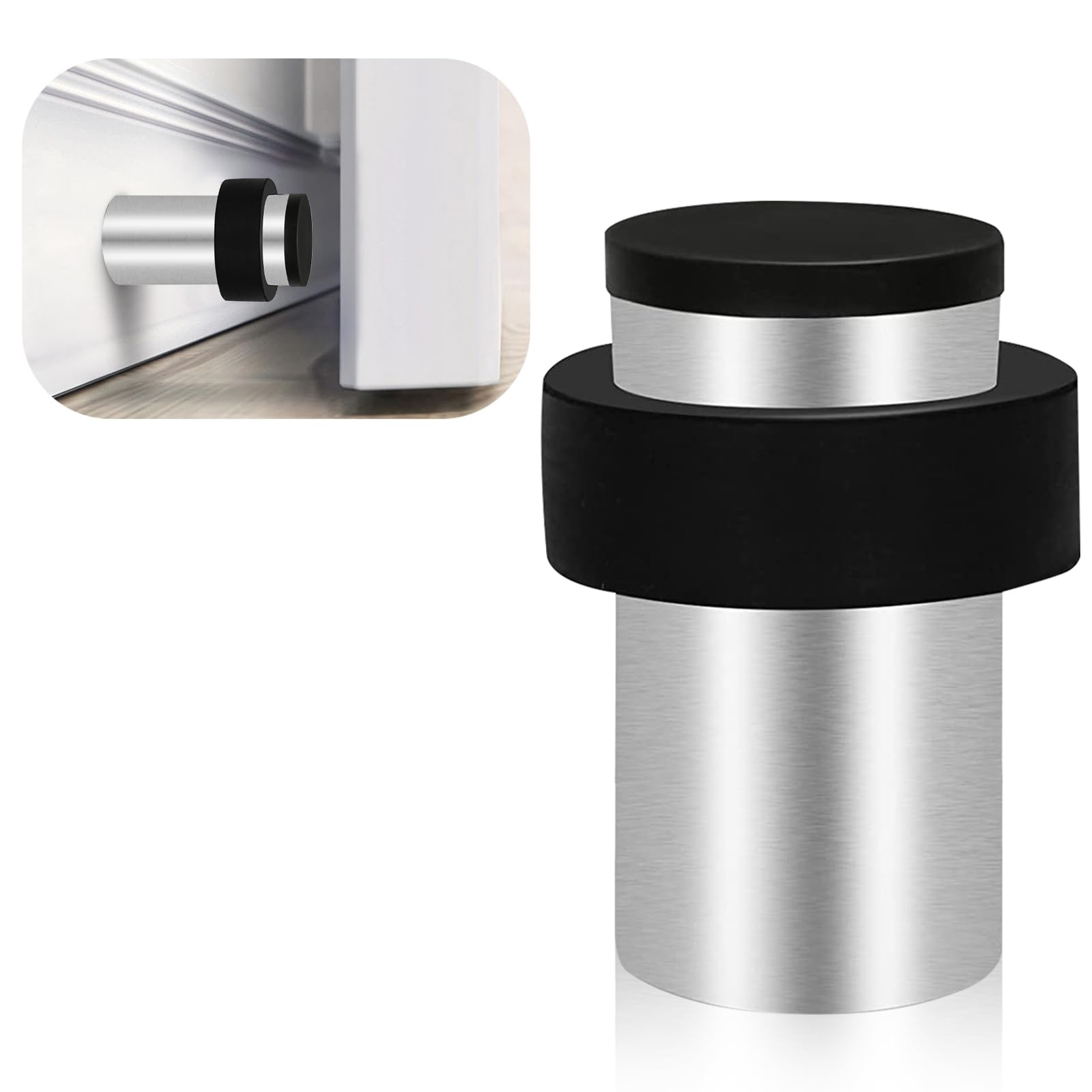 TOKPLNU Door Stops, 50mm Floor Mounted Door Stop Heavy Duty Stainless Steel Modern Tall Doorstop with Sound Dampening Rubber Bumper, Outdoor Floor Door Stoppers for Skirtings, Silver