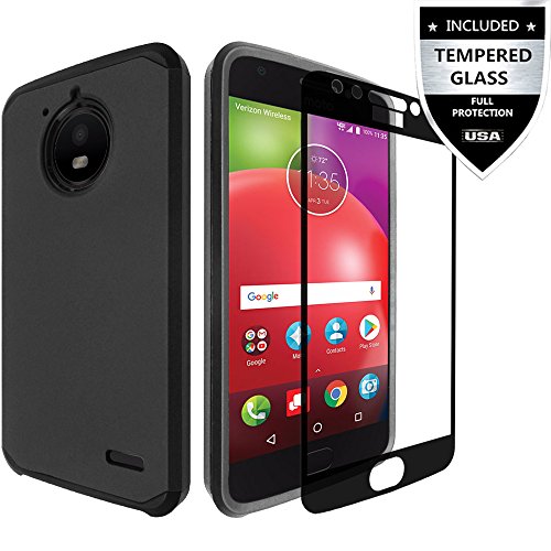 Moto E4 Case With Tempered Glass Screen Protector,IDEA LINE(TM) Heavy Duty Protection Hybrid Hard Shockproof Slim Fit Cover - Black