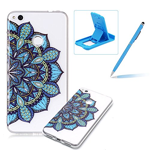 Clear TPU Case for Huawei P8 Lite 2017,Soft Rubber Cover for Huawei P8 Lite 2017,Herzzer Slim Elegant [Blue Mandala Printed] Shock-Absorbing Silicone Gel Bumper Flexible Case