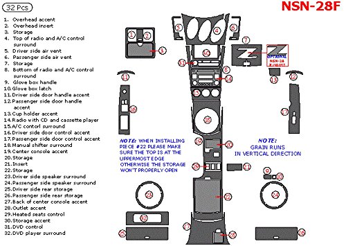 Dash Overlay Kit ITEM# NSN-28F-SJCW Nissan 350Z, For Models With Manual Transmission (With CD And Cassette Player), Full Kit, 32 Piece Set, Japanese Cherry Wood
