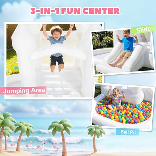 Qaba 8.2FT x 7.4FT White Bounce House, 3-in-1 Inflatable Bounce House with Slide and Ball Pit for Kids Ages 3-8, Indoor Outdoor Bouncy Castle with 370W Blower for Birthday and Wedding Party, White