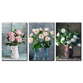 3 Panel Canvas Wall Art - Vintage Style White and Pink Roses - Giclee Print Gallery Wrap Modern Home Art Ready to Hang - 16"x24" x 3 Panels