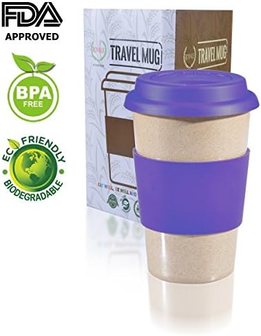 16oz 100% Organic Eco Friendly Reusable Travel Mug, To Go Takeaway Coffee Cup Purple, Biodegradable Material FDA Approved BPA Free, Leak Proof Silicone Lid &amp; Heat Resistant Grip.Free Recipe ebook