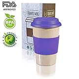 14 OZ 100% Organic Reusuable Travel Mug Purple TO GO coffee cup Biodegradable BPA Free FDA approved Leak proof silicone and heat resistant grip