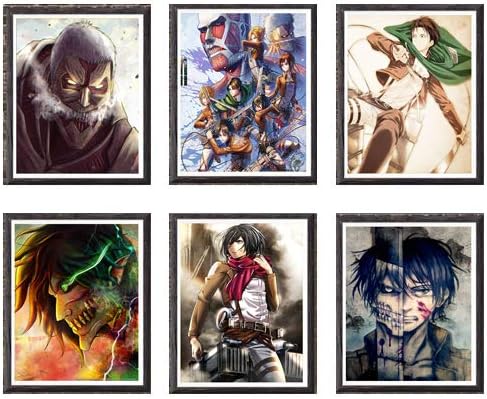 Attack on Titan Square Eren Levi Ackerman Shingeki No Kyojin Colorful Canvas Paper Art Print Poster 8 x 10 Inches,Set of 6 ,No Frame