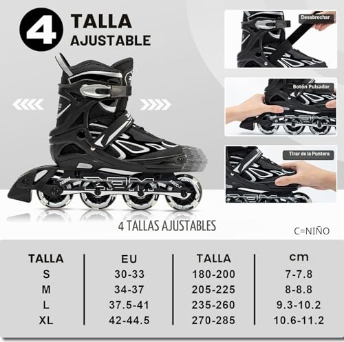2PM Sports Adjustable Inline Skates for Girls and Boys Women Men, Sizes 30-33, 34-37, 38-41 and 42-44