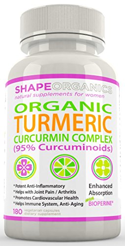 Shape Organics TURMERIC CURCUMIN 180CT 2100mg 95% Pure Extract w BioPerine, DR Recommended Anti inflammatory Stress Relief of Joint Pain Inflammation Diet Immune System Liver Detox Booster Veg Capsule