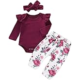 Aoswep Newborn Baby Girl Clothes, Infant Girl Outfits Long Sleeve Ruffle Romper + Floral Pants + Headband Set