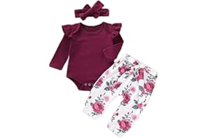 Aoswep Newborn Baby Girl Clothes, Infant Girl Outfits Long Sleeve Ruffle Romper + Floral Pants + Headband Set