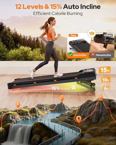 Walking Pad with 15% 12-Level Auto Incline, 450 Lbs Capacity UI Screen, Trisomy 3.5HP Quiet Foldable Portable Under Desk Treadmill with Speaker & Remote, 4 in1 Compact Treadmills for Home/Office