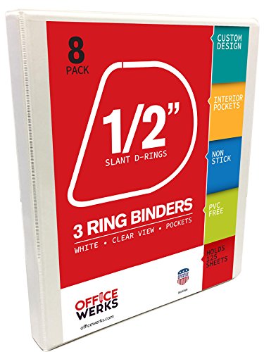 Officewerks 3 Ring Binders, 0.5 Inch Slant-D Rings, White, Clear View, Pockets - 8 Pack