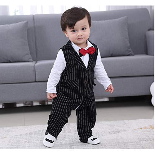 Baby Boy Outfits Set, 3pcs Long Sleeves Gentlemen T-Shirt Jumpsuit & Vest Coat with Bow Tie Wedding Tuxedo Outfits (Black, 6-12Months)