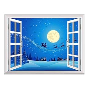 Cartoon Santa Claus and Reindeer Flying Over The Town with The Full Moon on a Quiet Christmas Eve Night | Peel and Stick Self-Adhesive Wall Mural - 24"x32"