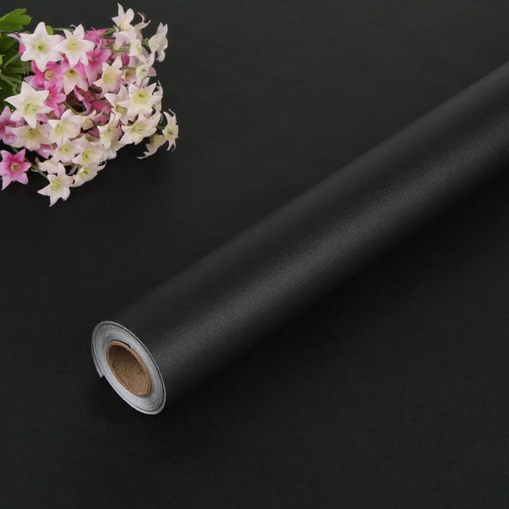 FENTIS Black Matt Self-Adhesive Wallpaper Removable Peel and Stick Contact Paper Wall Sticker Roll for Living Room Bedroom Kitchen Cabinet Door Shelf DIY Decoration 40x500cm