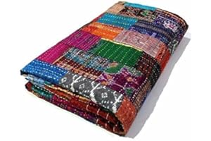 Sophia-Art Indian Silk Sari Kantha Bedspread Bed Cover Ethnic Throws Quilted Patchwork Indian Quilt Cover Old Bohemian Vintage Patola Quilt (Multi, King 90" x 108")