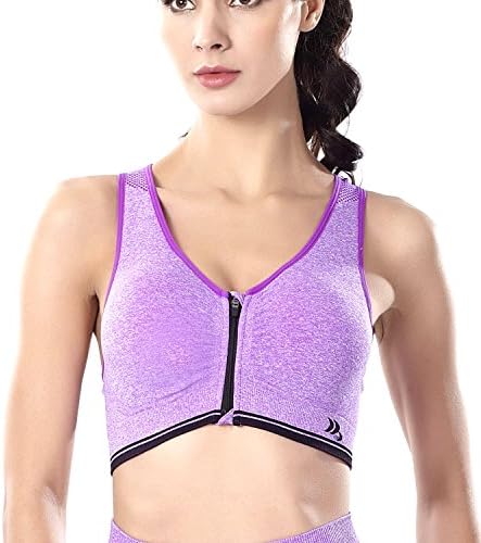 Women Full High Impact Push Up Zip Front Close Wide Strap Racerback Padded Sports Yoga Bra With Wireless (XXL 38C 38D 40A 40B 40C, Purple)