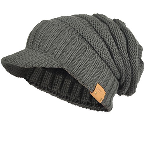 Mens Womens Thick Fleece Lined Knit Newsboy Cap Slouch Beanie Hat with Visor (Thick-Grey)