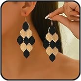 Black Gold Dangle Earrings for Women, Bohemian Geometric Teardrop Drop Earrings Vintage Layered Leaf Statement Lightweight Jewelry Gifts for Birthday Christmas