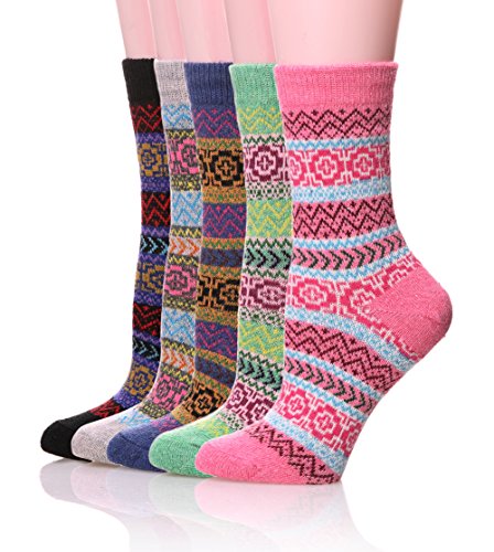 Color City Womens Vintage Style Colorful Cotton Knitting Wool Warm Winter Fall Crew Socks 5 -Pack