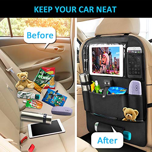 STOON Backseat Car Organizer, Car Seat Organizer with 4 USB Charge Ports & 11" Touch Screen Tablet Holder & 6 Storage Pockets, Back Seat Car Organizer for Kids, Road Travel Accessories Kick Mats