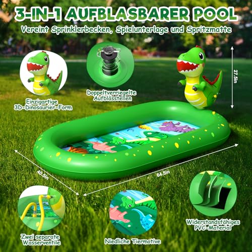 Planschbecken für Kinder, Aufblasbare Wassermatte für Kinder, Aufblasbares 3 in 1 Pool mit Dinosaurier Motiv, Wasserspielzeug für Sommer Garten Kinderpool, Geeignet für Jungen und Mädchen ab 1 Jahr