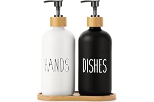 LIFEEZY Premium Quality Glass Soap Dispenser Set with Bamboo Tray - 2 pcs Hand & Dish Soap Dispenser for Rustic Kitchen Decor