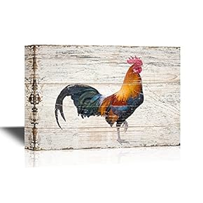 Birds and Poultry Canvas Wall Art - A Colorful Rooster - Vintage Wood Style Giclee Print Gallery Wrap Modern Home Art | Ready to Hang - 12x18 inches