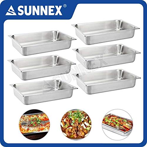 SUNNEX (Set of 6) 4-inch Deep Full Size (1/1) 14.3 US QT (13.5 LTR) Stainless Steel Anti-Jam Steam Table Pan Gastronorm (GN) Food Pan,Food Container Gauge 22 (Thick Sheet Metal) 20.87" (L) x12.8" (W)