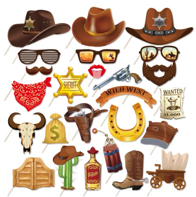 Dusenly 25pcs West Cowboy Photo Booth Props Cowboy Party Photo Props for Boy Men Cowboy Party Carnival West Style Party Decorations