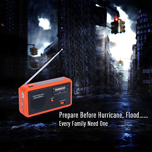 Portable Emergency Solar Weather Radio Hand Crank Self Powered Earthquake AM/FM/NOAA Radios, LED Flashlight, SOS Alarm, Reading Lamp and 1000mAh Power Bank for Emergency Indoor Outdoor (Orange&Black)