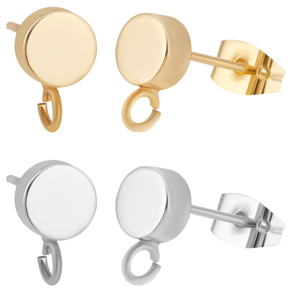 Beebeecraft 20Pcs Flat Round Stud Earrings with Loop 18K Gold Plated &925 Sterling Silver Plated Earring Posts Findings with Ear Nuts for Jewelry Making