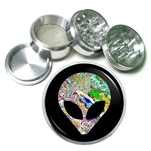 Technicolor Psychedelic Alien Em2 Silver Chrome 63mm Aluminum Magnetic Metal Herb Grinder 4 Piece Hand Muller Spices & Herb Heavy Duty 2.5"