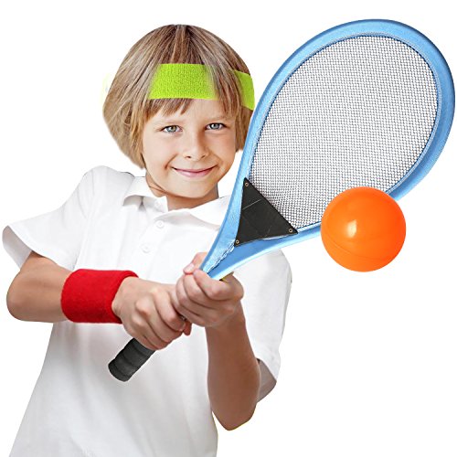 Pack of 2 26'' Badminton Tennis Rackets Kit with 2 Balls Junior Sports Elastic Mesh Badminton Racquets Set for Kids Outdoors Play Game Toy(9376A-Blue)