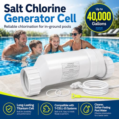 T-15 Salt Cell Replacement Compatible with AquaRite Saltwater Systems, Premium Water Clarifier Cell for Inground Pools up to 40,000 Gallons, Replaces W3T-CELL-15, T-CELL-15, BLT15H with Cleaning Kit