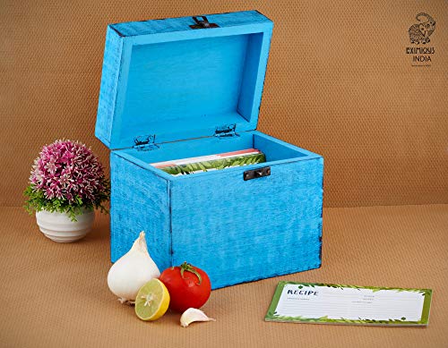 Eximious India Wooden Recipe Card Box Family Recipe Organizer Storage Box Fits 4 x 6 inch Recipe Cards, Blue