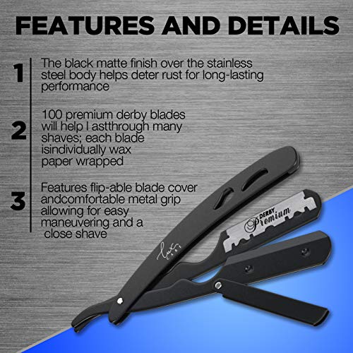 Professional Classic Straight Edge Razor - Professional Barber Razor with Level H and Grip - High Speed, Stainless Steel Straight Razor for Men Manual Shaver with 100 Derby blades - Professional Shave