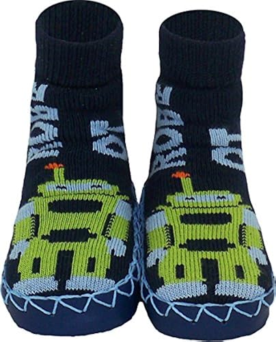 Konfetti Retro Robot Slipper Sock Swedish Moccasin Navy Blue in