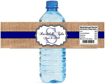 100 Burlap and Navy Blue Stripe Wedding Anniversary Engagement Party Bridal Shower Water Bottle Labels 8"x2"
