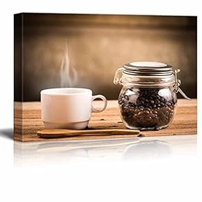 Canvas Prints Wall Art - Coffee Cup and Saucer on a Wooden Table. Dark Background - 12" x 18"