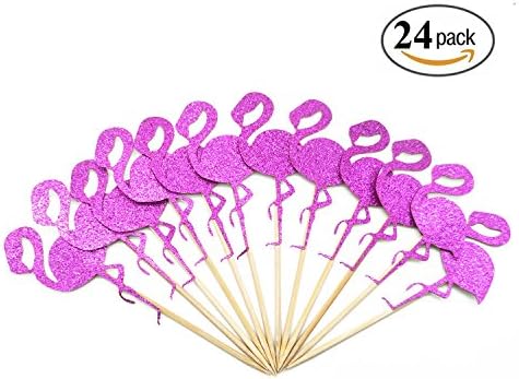 24 Pcs Purple Flamingo Cupcake Toppers for Luau Hawaii Birthday Wedding Beach Party Decorations